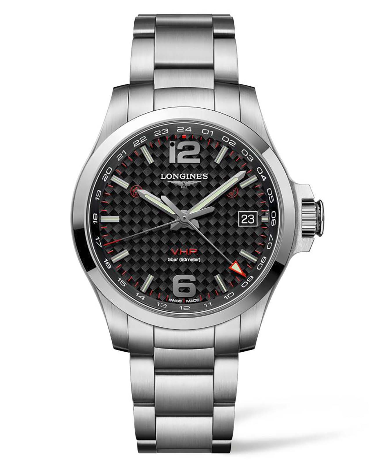 Longines Longines Conquest V.H.P. L3.718.4.66.6  L37184666 кварцевые мужские часы черный циферблат, браслет нержавеющая сталь — вид спереди